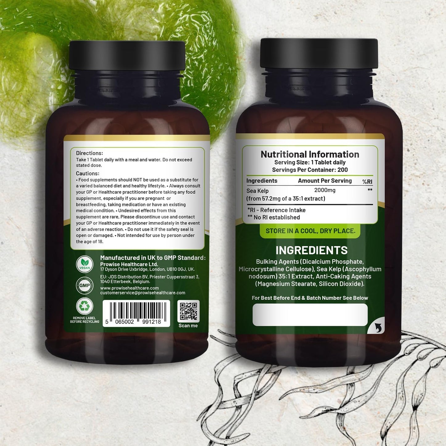 Alghe marine 2000mg 200 compresse vegane | Fonte naturale di iodio | Ingredienti Premium | Prodotto con orgoglio nel Regno Unito da Prowise