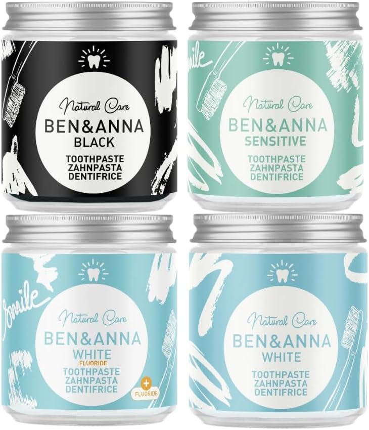 BEN & ANNA Bianco con fluoro – Dentifricio naturale in vetro – carbone attivo sbiancante, vegano, sapore di menta naturale – Dentifricio in lattina, denti bianchi