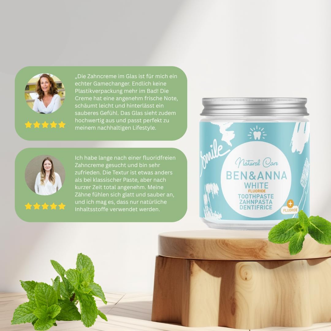 BEN & ANNA Bianco con fluoro – Dentifricio naturale in vetro – carbone attivo sbiancante, vegano, sapore di menta naturale – Dentifricio in lattina, denti bianchi