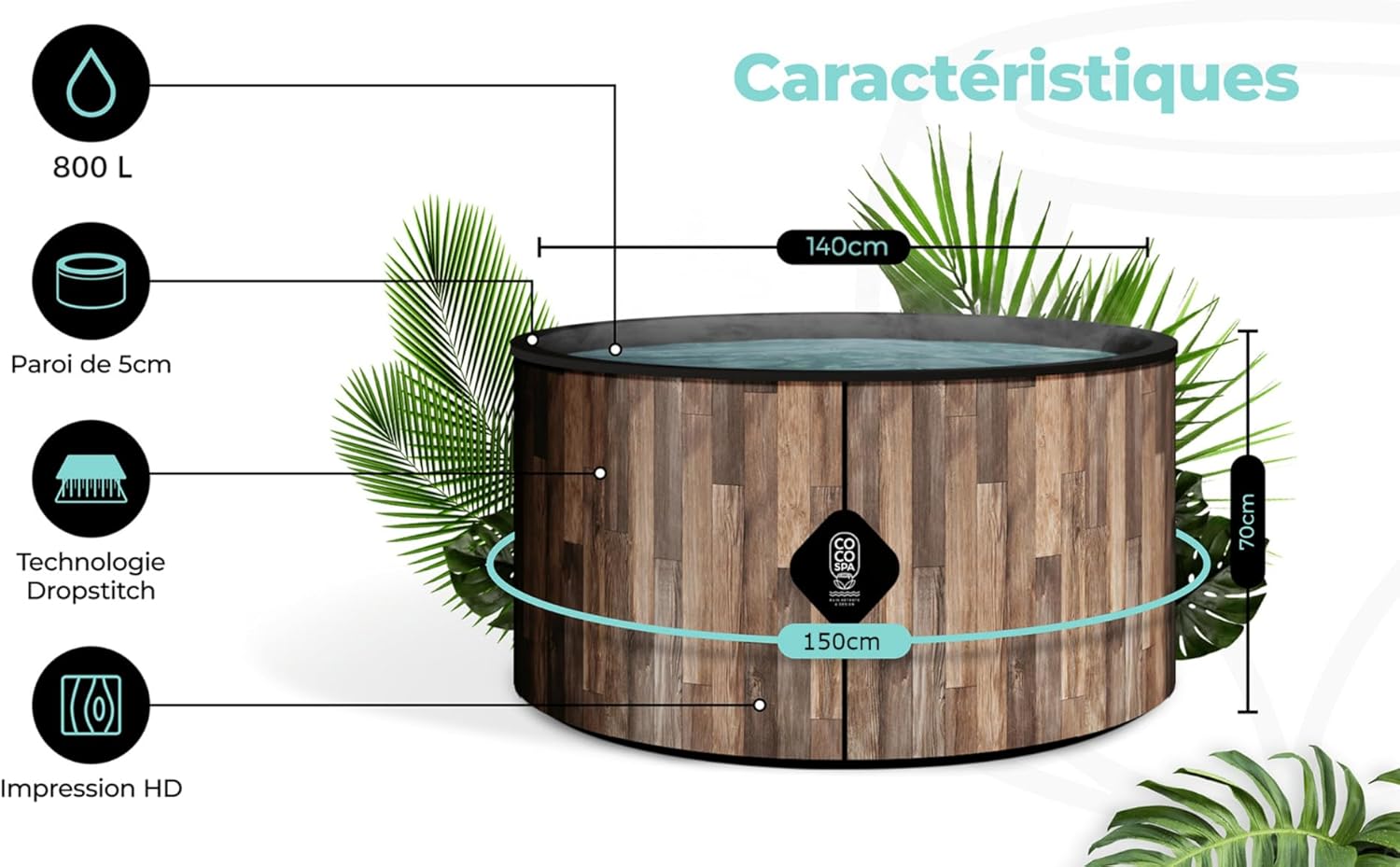 COCO SPA Nordik Spa Gonfiabile - Diametro 150 cm - 800 litri - Motore 2240 W - 2-4 persone - Massaggio 140 getti